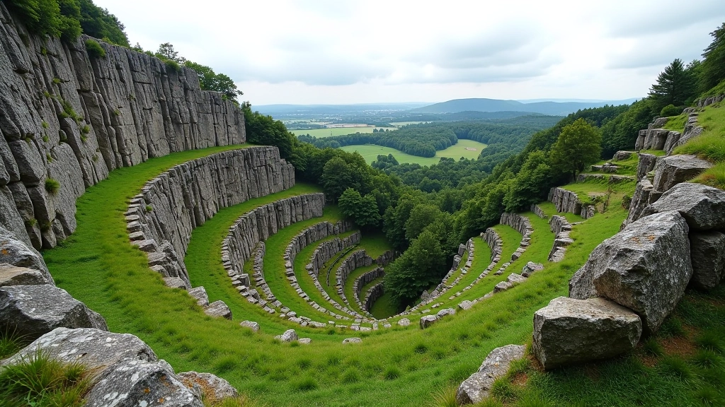 Panoramatický pohled na skalní amfiteátr s vegetací a mraky v pozadí